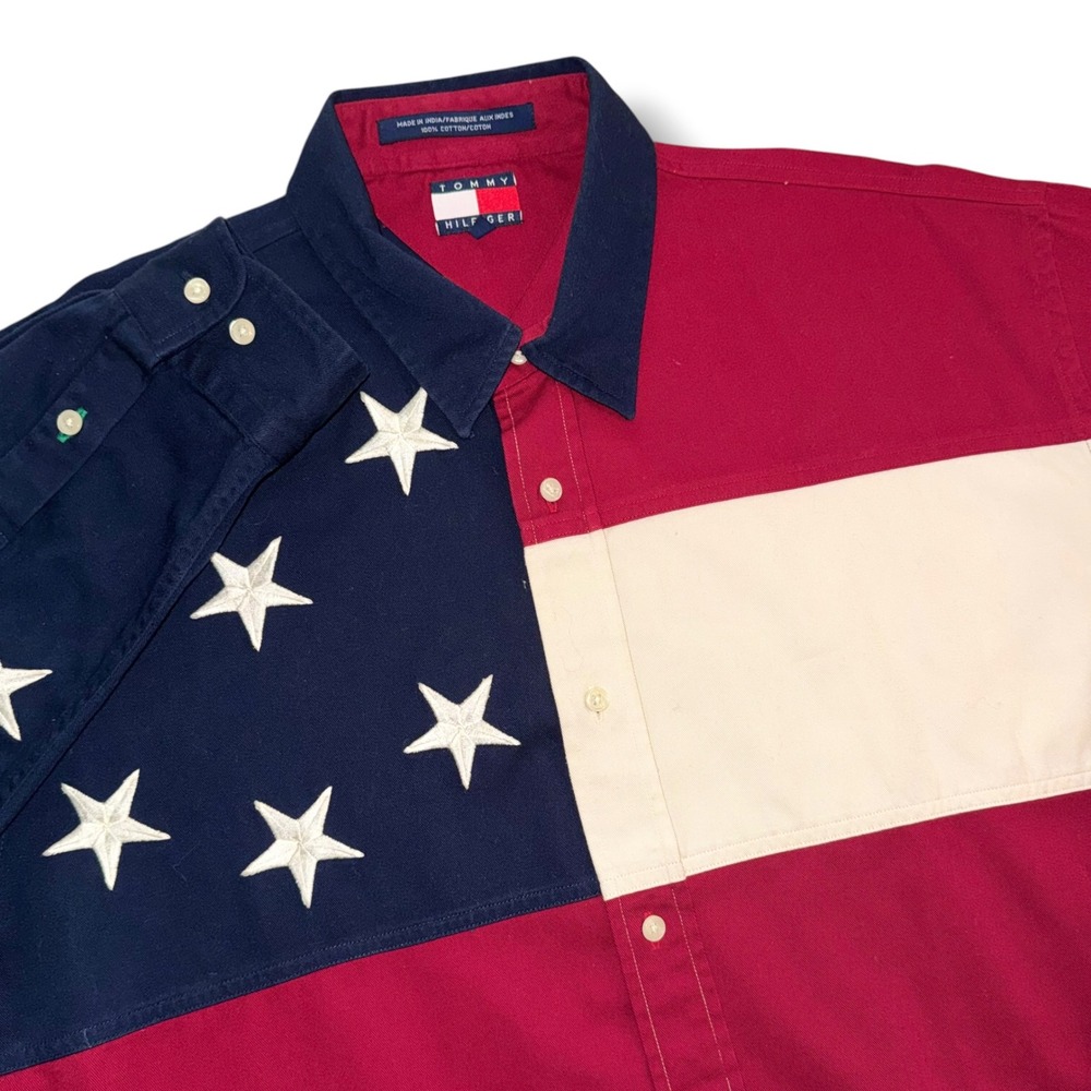 Tommy Hilfiger American Flag Shirt Mens Large Vintage 90s Stars Stripes Cotton